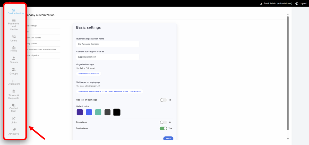 Aptien Company settings in Aptien