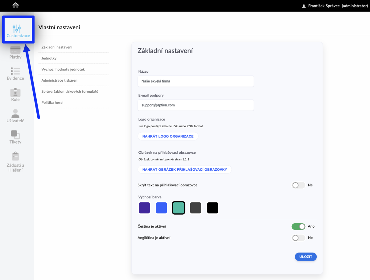 customizace základní nastavení firmy v aptien