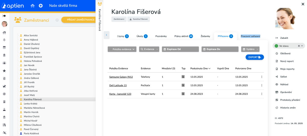 karta zaměstnance - seznam pracovního vybavení