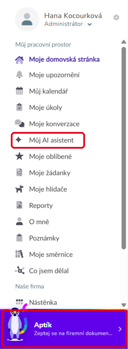 Aptík v menu uživatele