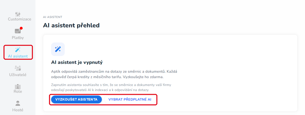 Jak zapnout AI asistenta v Administraci