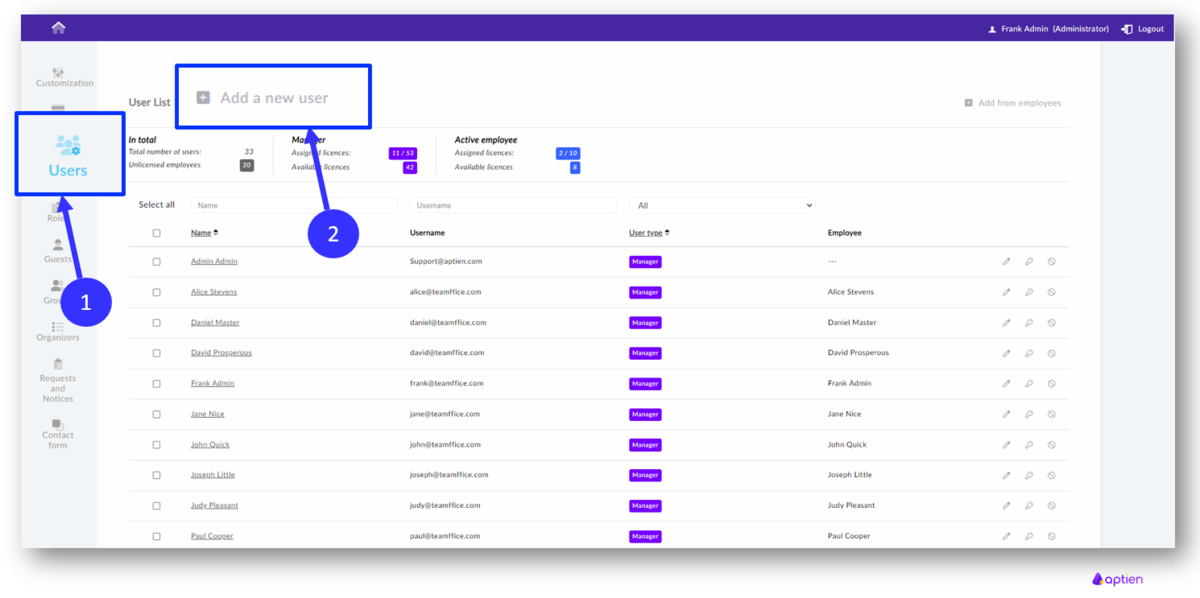 How to add user in aptien