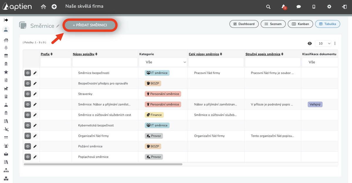 Jak přidat novou směrnici do Aptienu