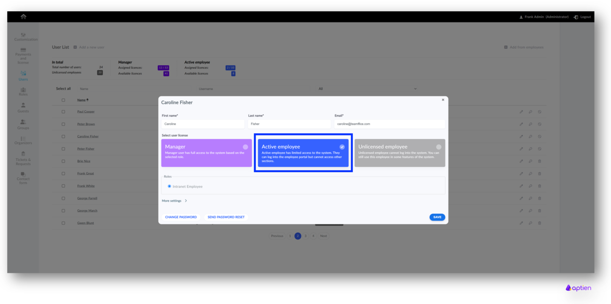 Assigning an Employee License in Aptien