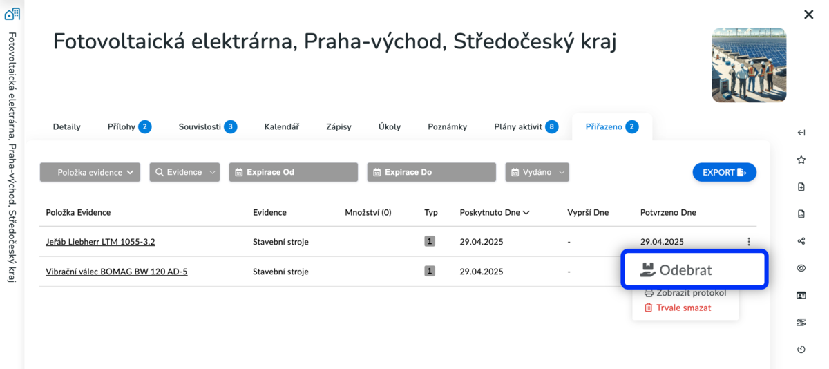 jak odebrat vybavení přiřazeného na stavbu