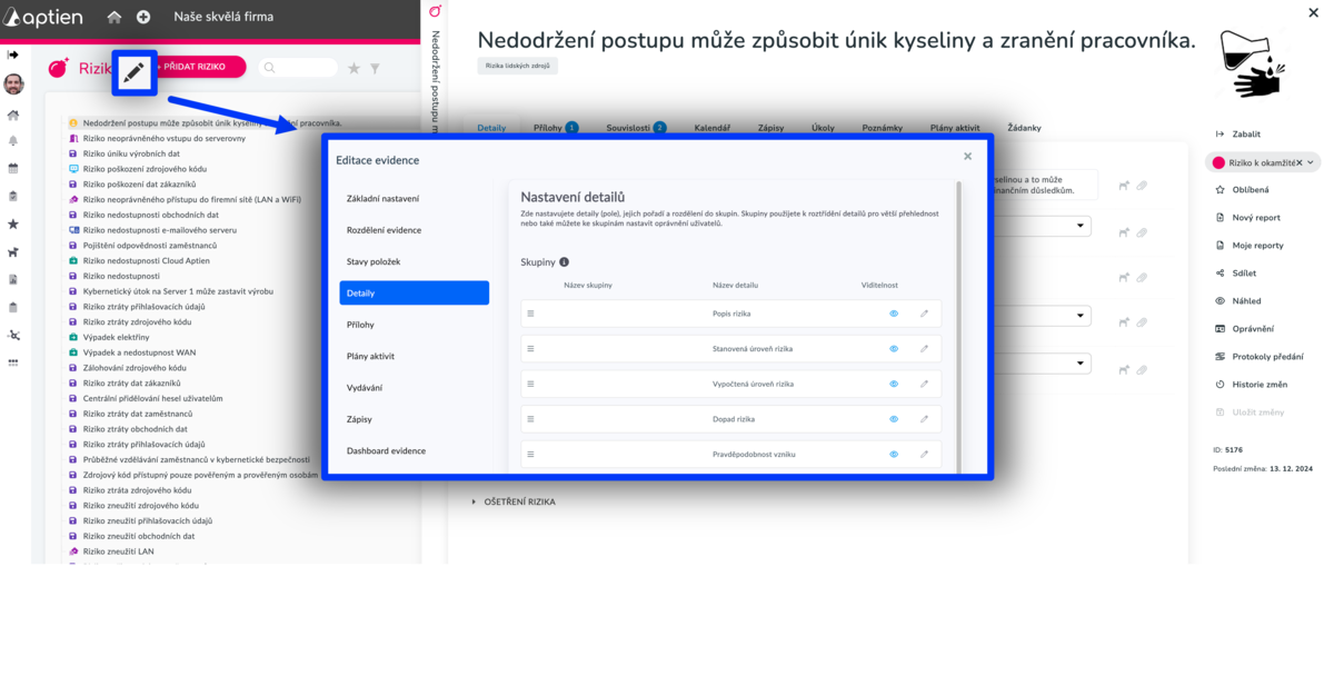 jak nastavit a upravit detaily na kartě rizik