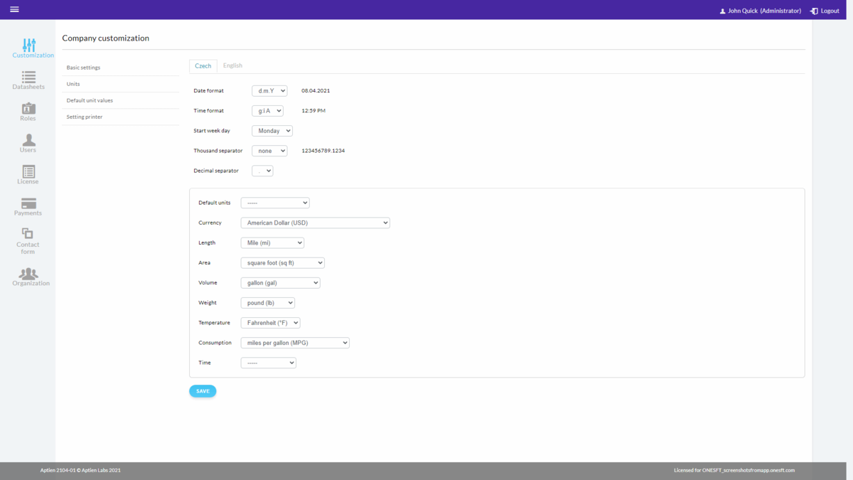 default unit values