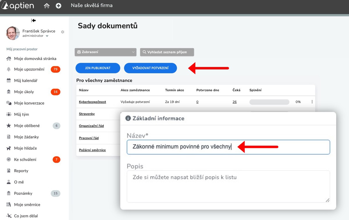 Jak nastavit seznam povinných směrnic pro všechny zaměstnance