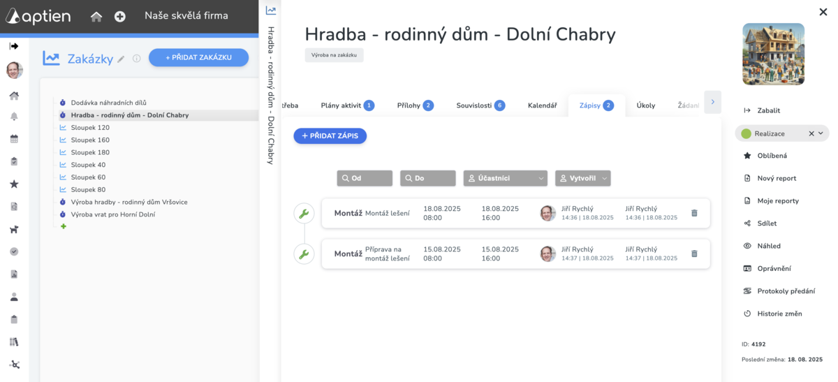 záznam práce na zakázce