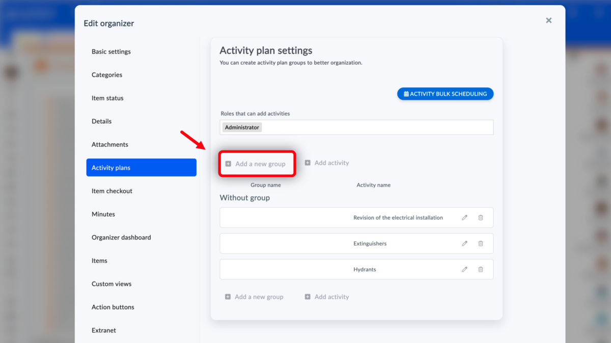 Adding new of group of activities