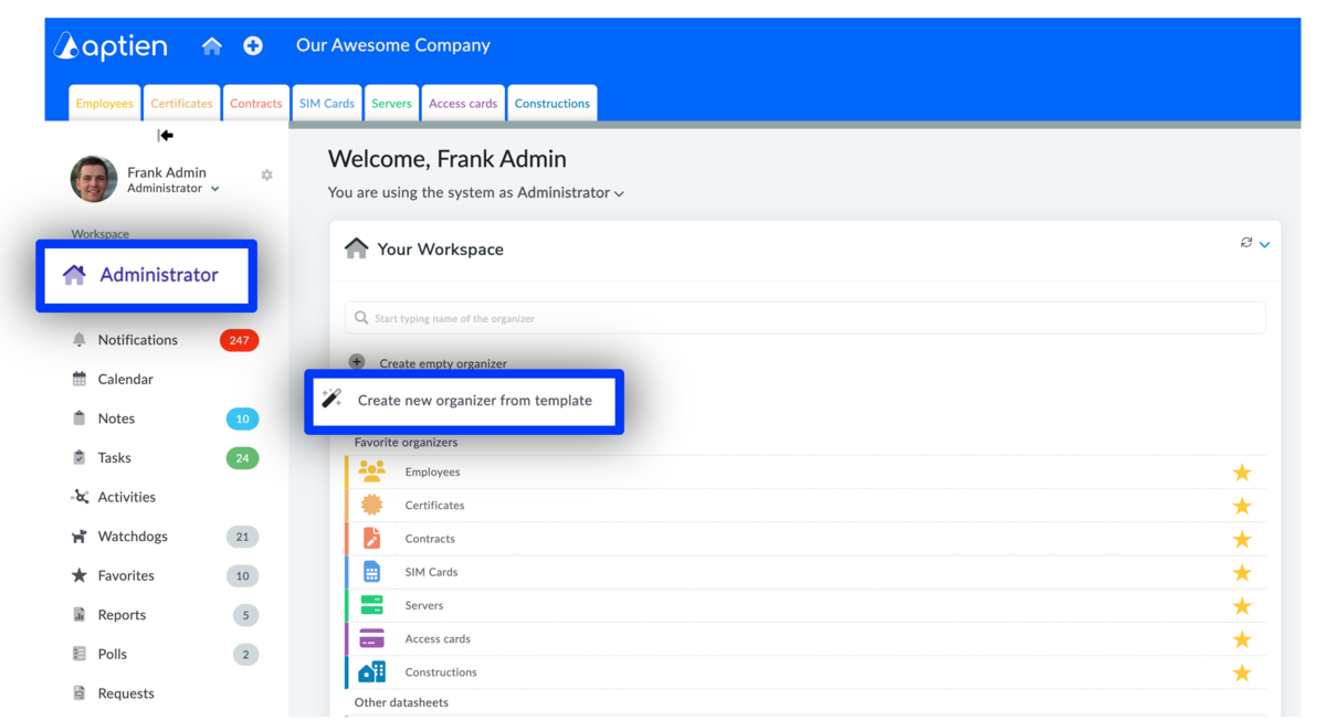 Create organizer form template