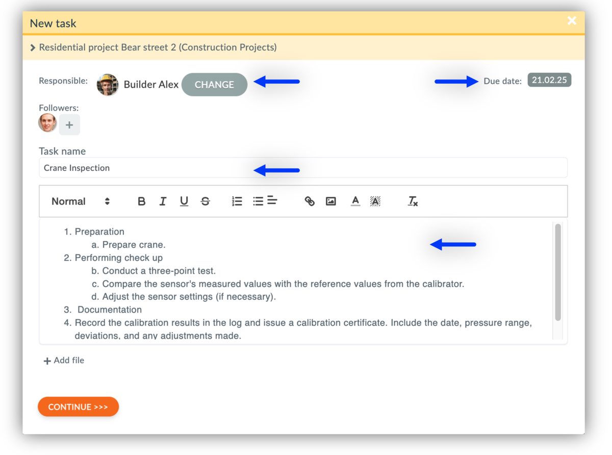 How to enter project work orders instructions