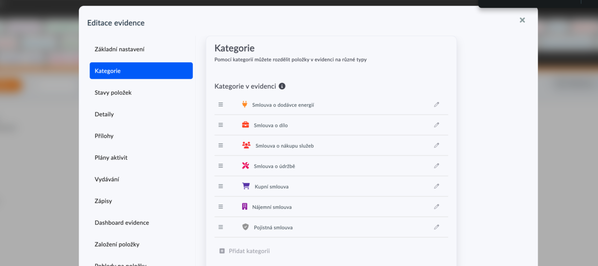 Jak upravit typy smluv pomocí kategorií