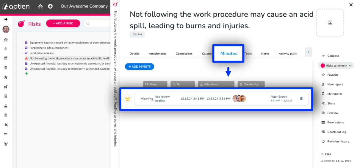 how to document risk review or assessment with meeting minute