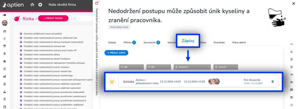 jak vytvořit zápis z přezkoumání rizik