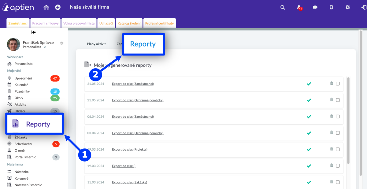 přehled reportů a exporty