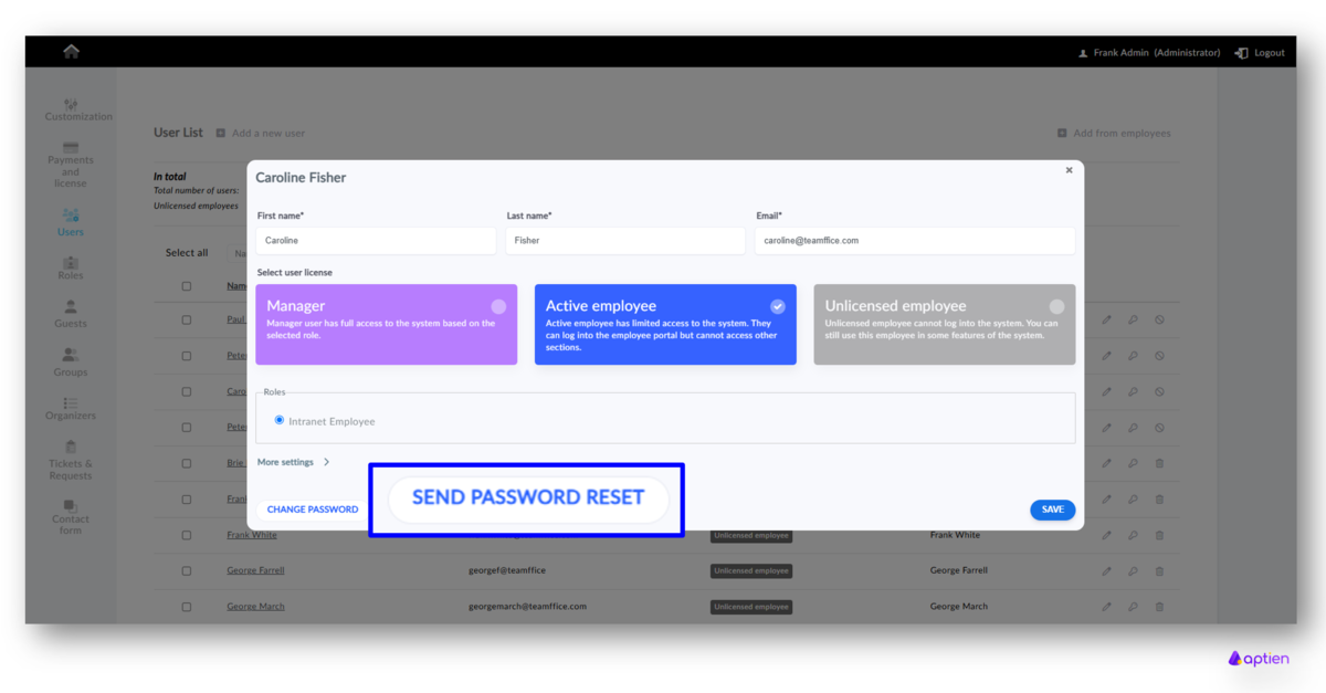 How to invite an user in Aptien