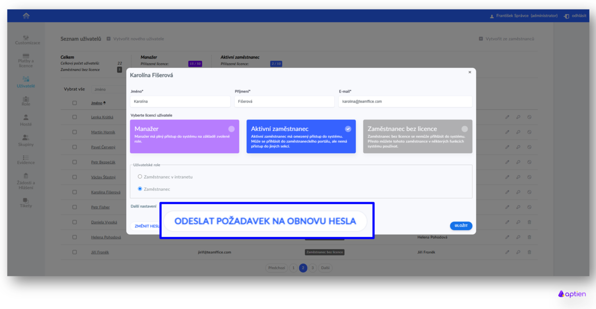 Jak pozvat uživatele do Aptienu