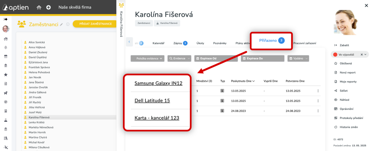 seznam pracovního vybavení k vrácení