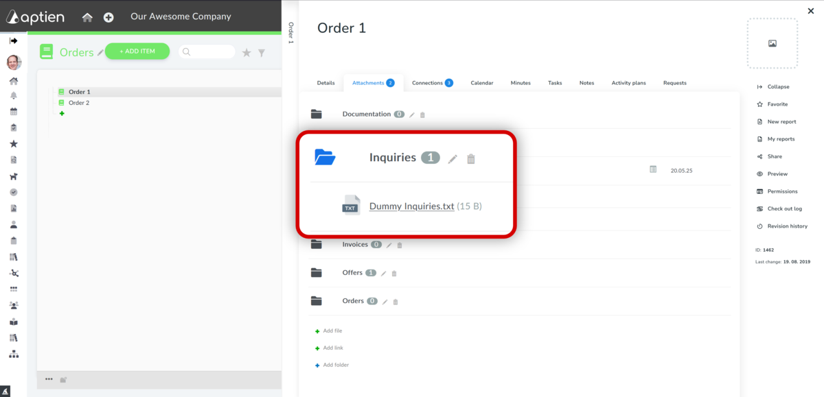Invoice overview on the order
