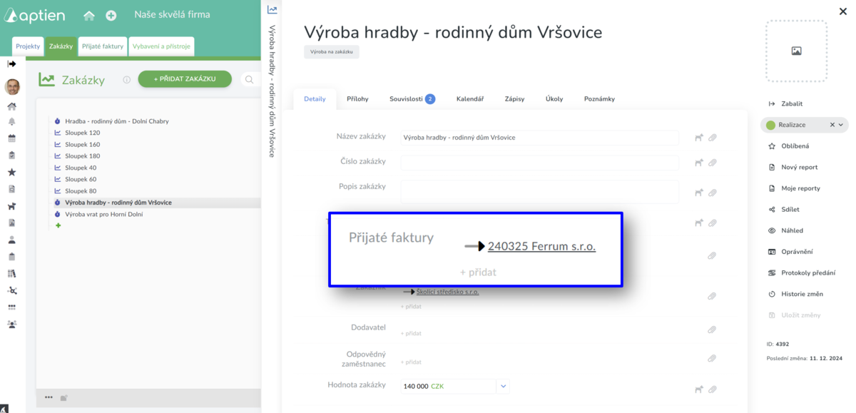 Jak připojit faktury k zakázce z evidence faktur