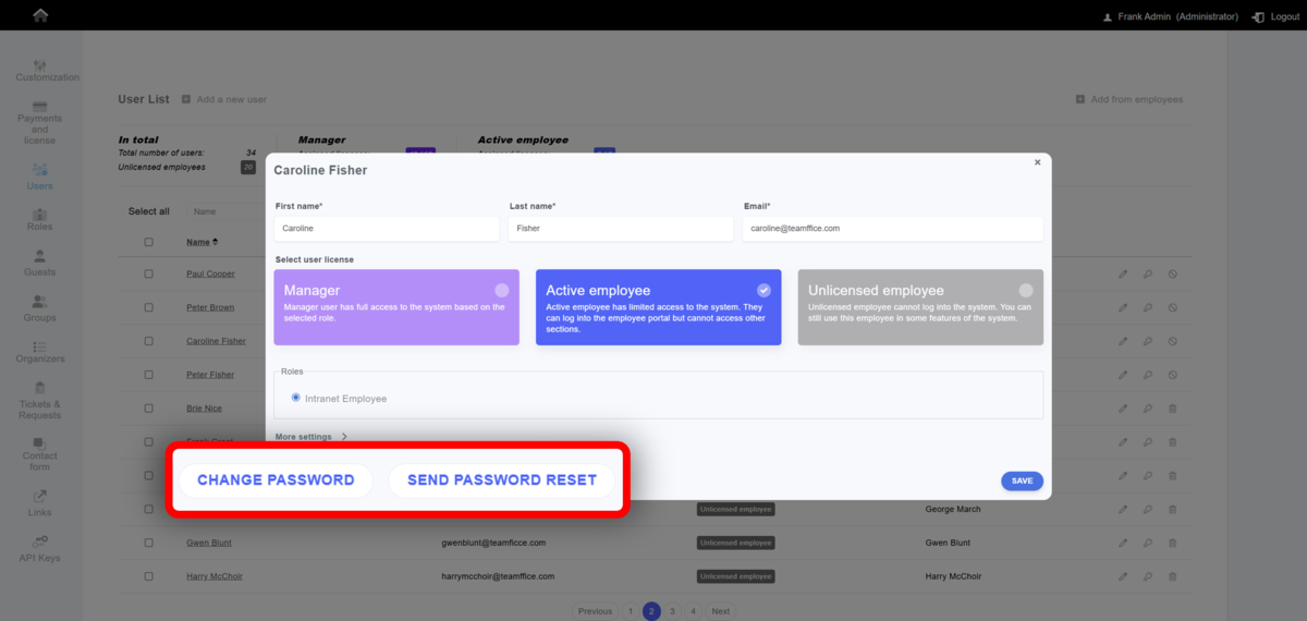 How to manually change a user's password in Aptien