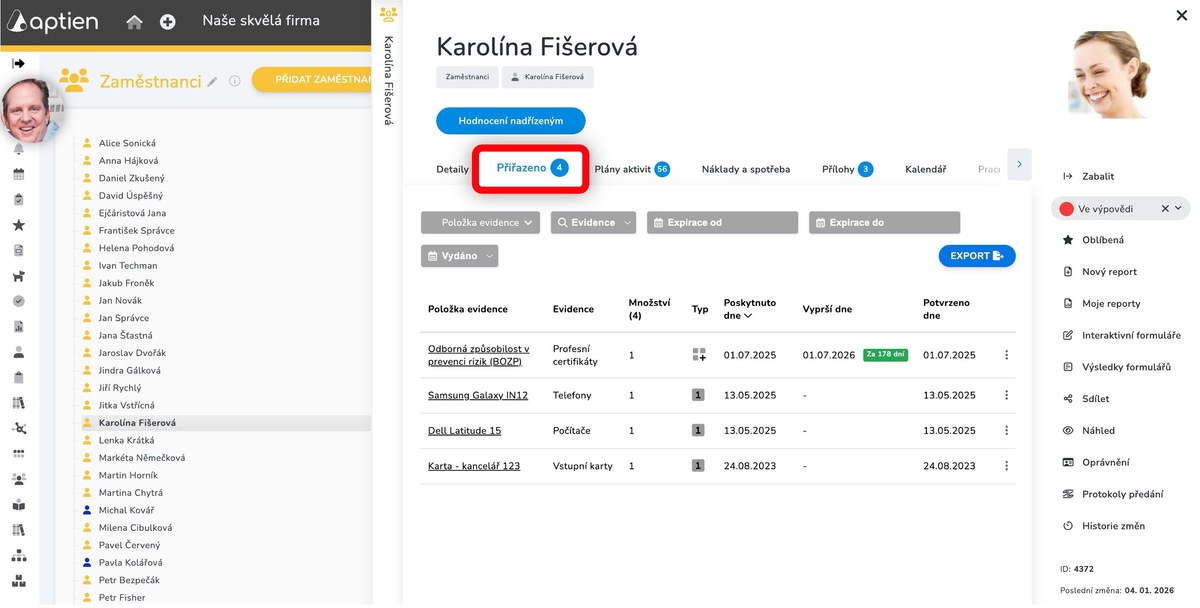 seznam pracovního vybavení k vrácení