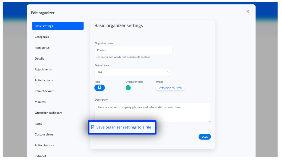 save organizer settings to file