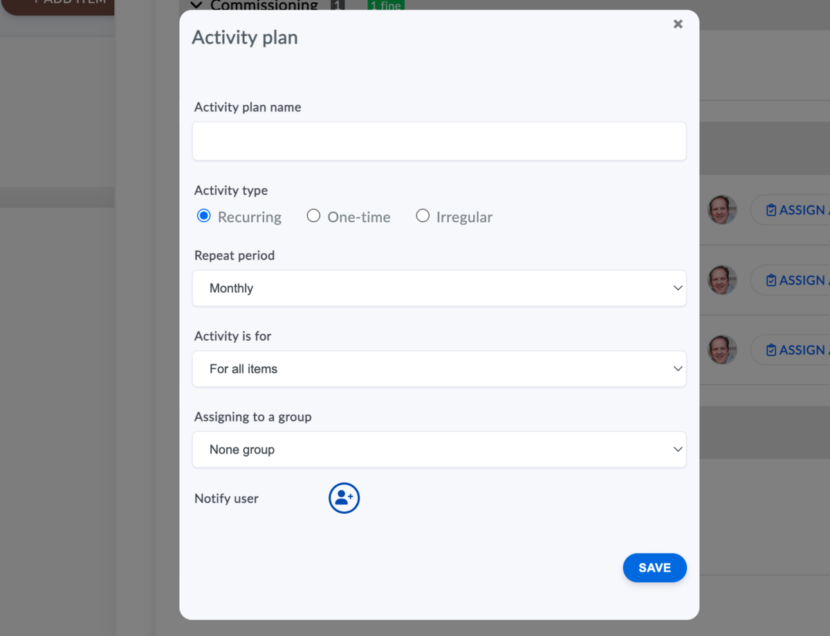 detail settings of maintenance activity notification