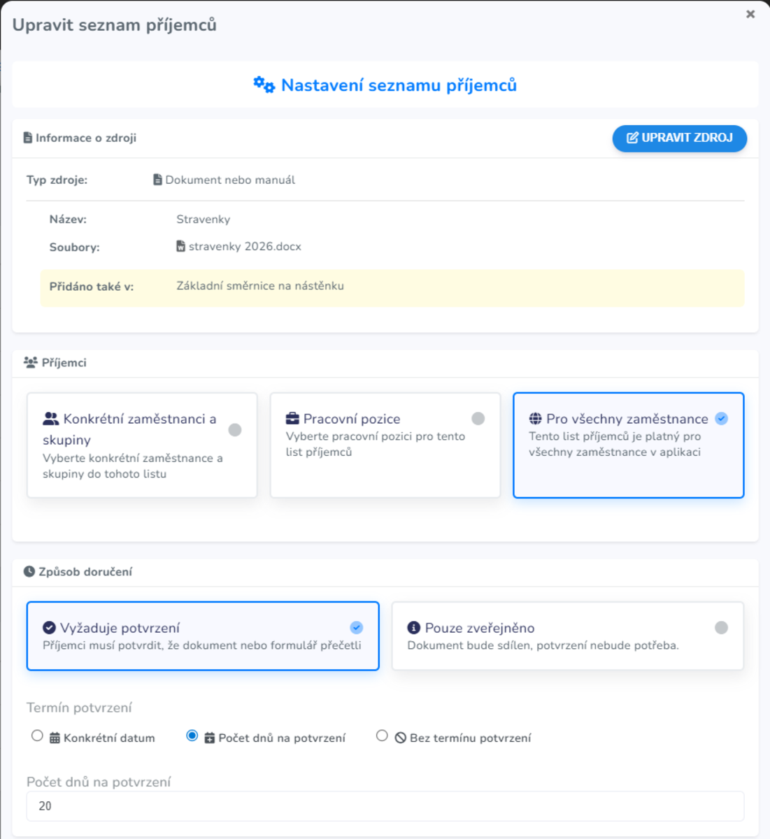 nastavení seznamu příjemců
