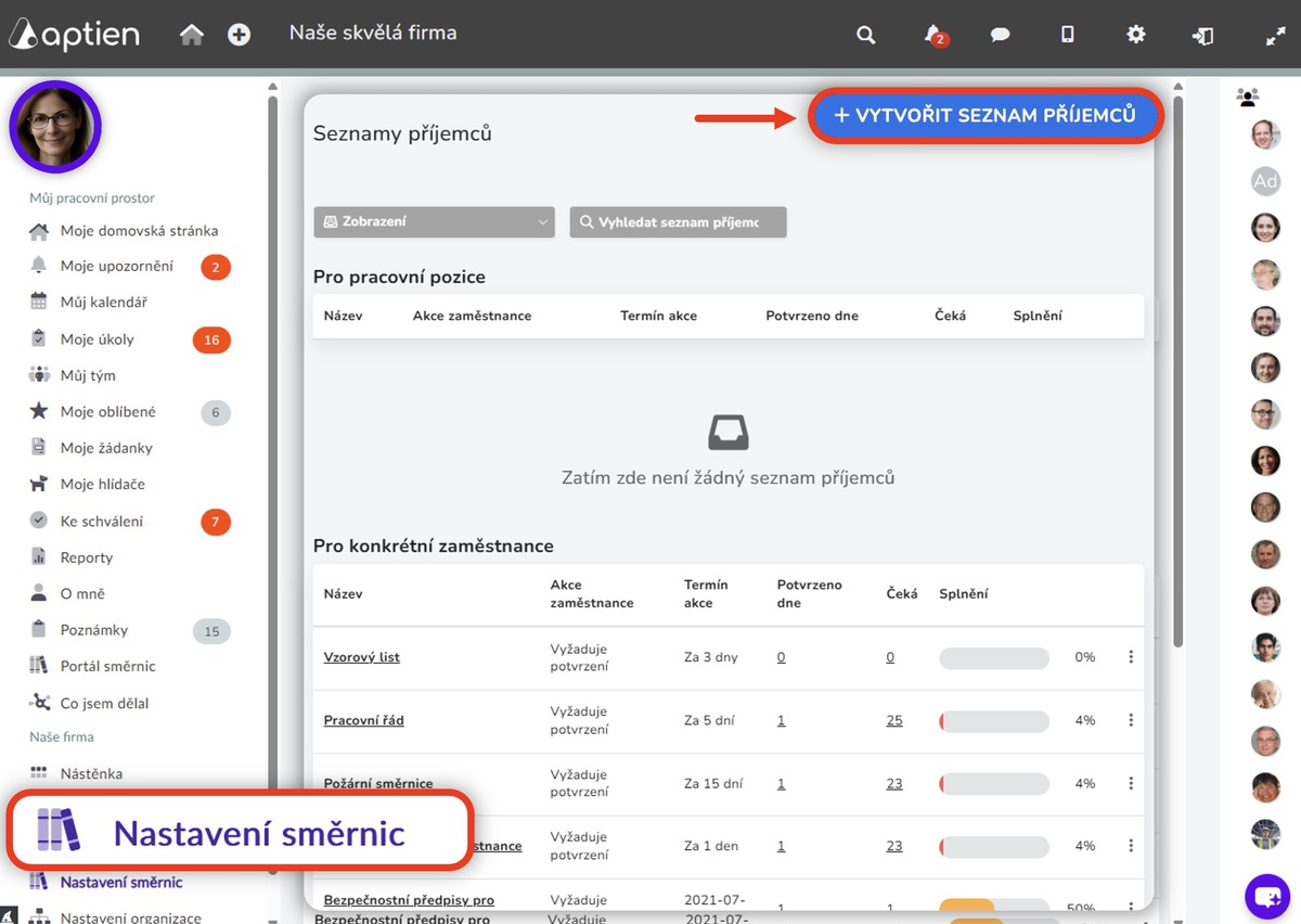 nastavení distribuce směrnic a publikování dokumentů