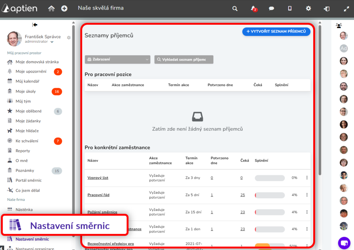 nastavení distribuce směrnic a publikování dokumentů