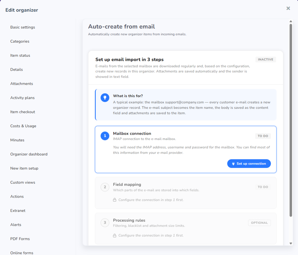 Auto-create from email setup wizard in Aptien