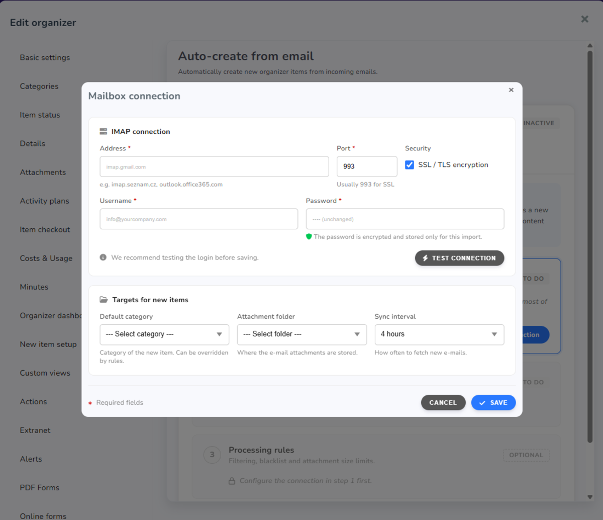 Mailbox connection setup window in Aptien