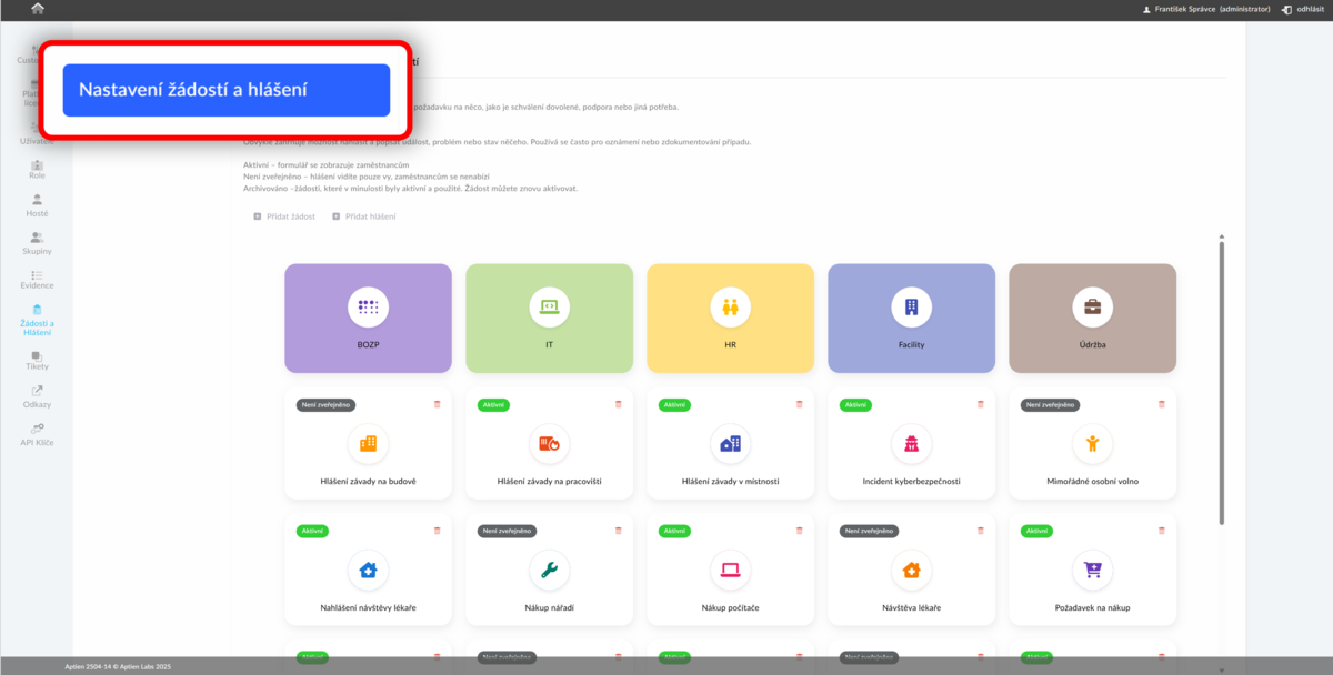 Kde vytvořit formuláře pro tikety a žádanky v Aptienu