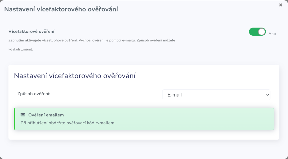 Nastavené vícefaktorové ověření pomocí emailu