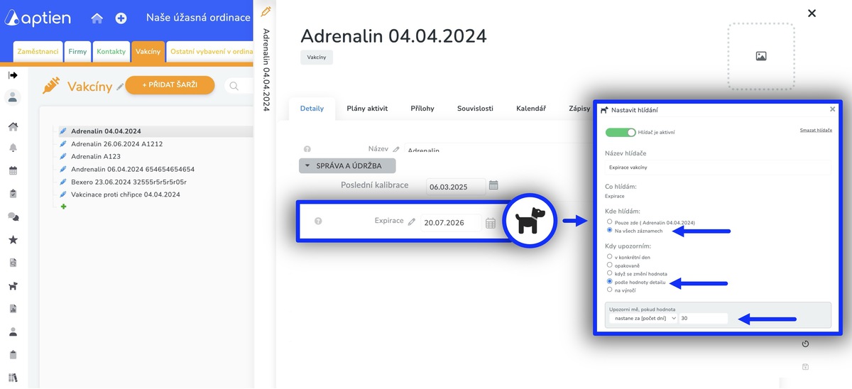 Jak nastavit hlídání expirace vakcíny