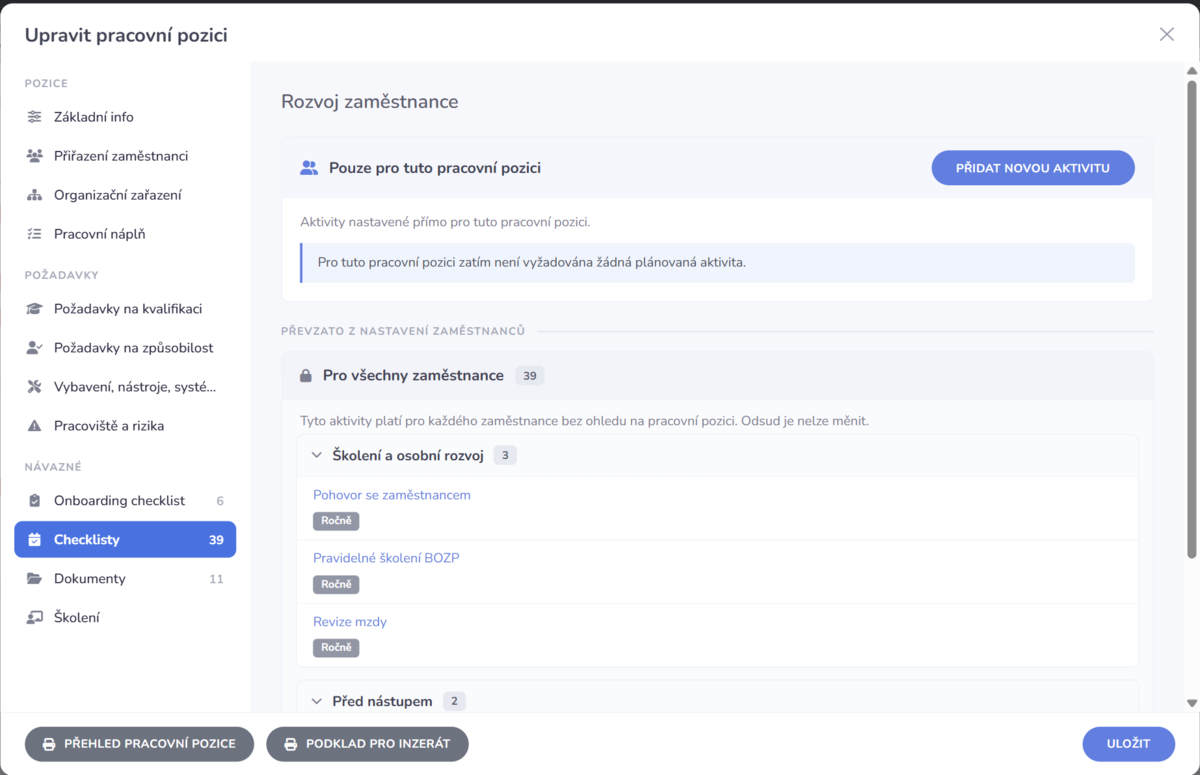 Checklisty pro manažery a plán školení pracovní pozice