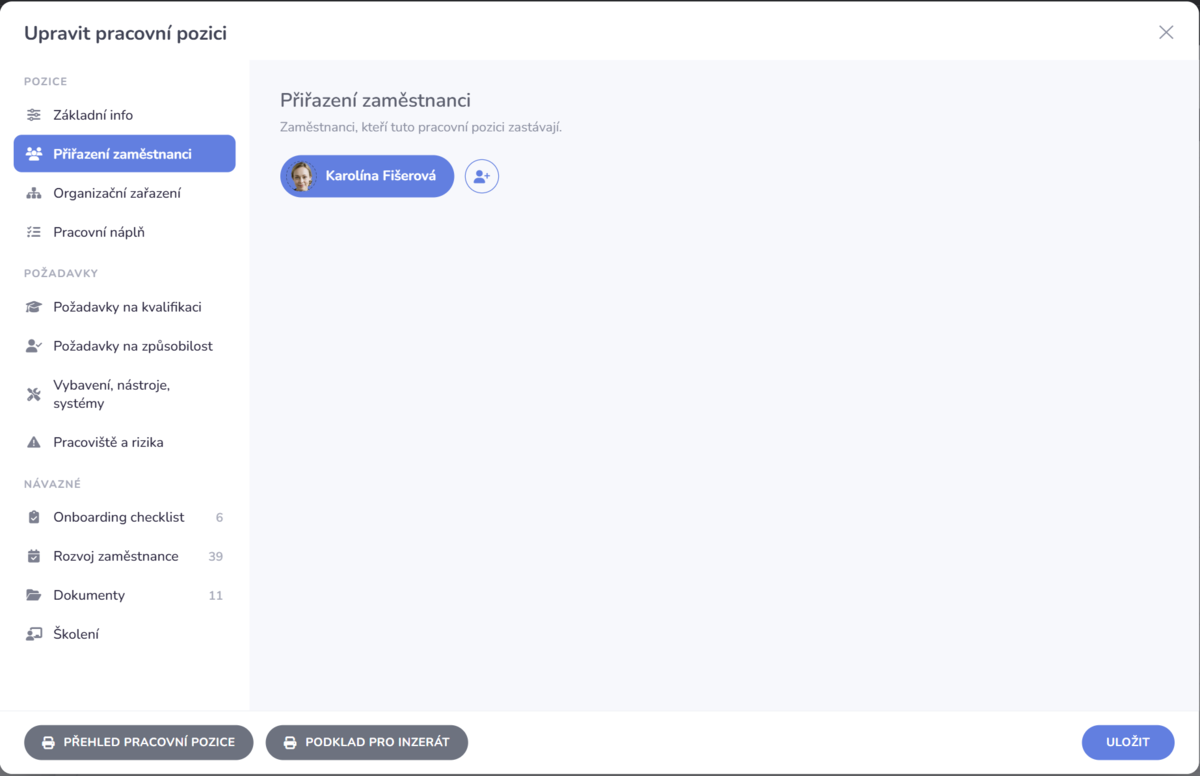 Přiřazení zaměstnanci k pracovní pozici v Aptienu