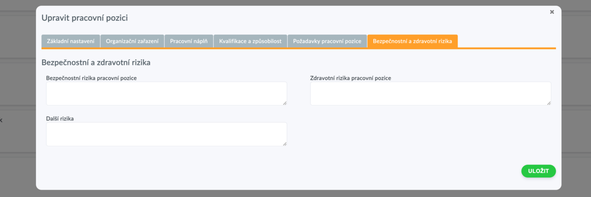popis pracovní pozice - bezpečnostní a zdravotní rizika