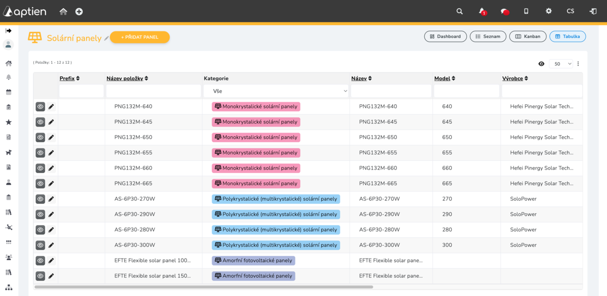 evidence solárních panelů