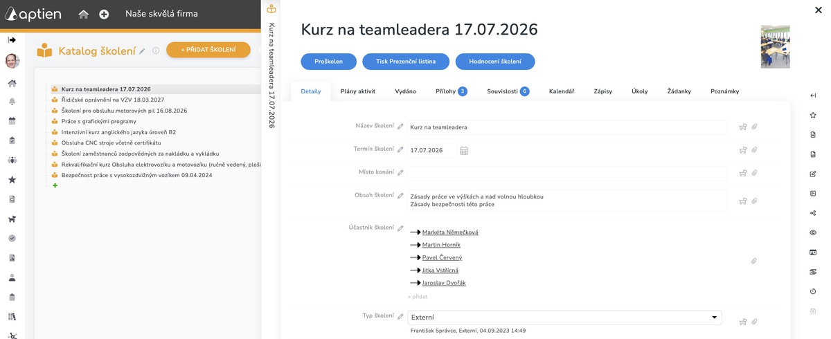 Evidence účastníků školení