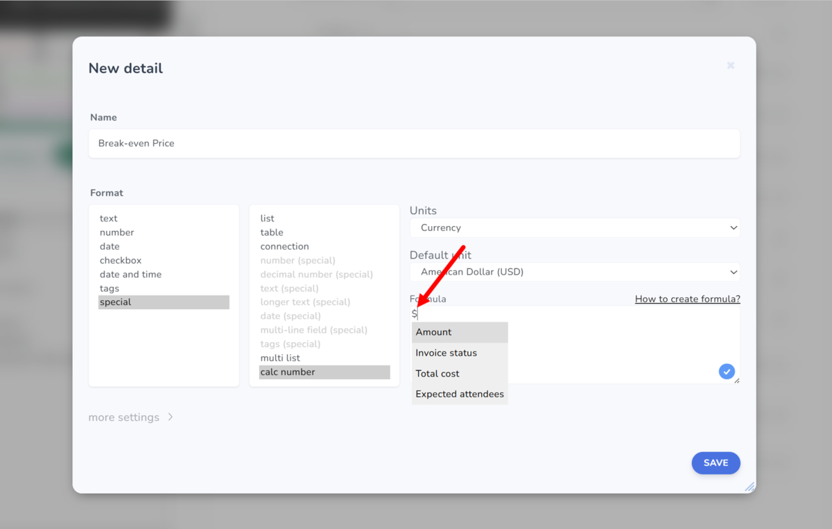 Calculated value settings