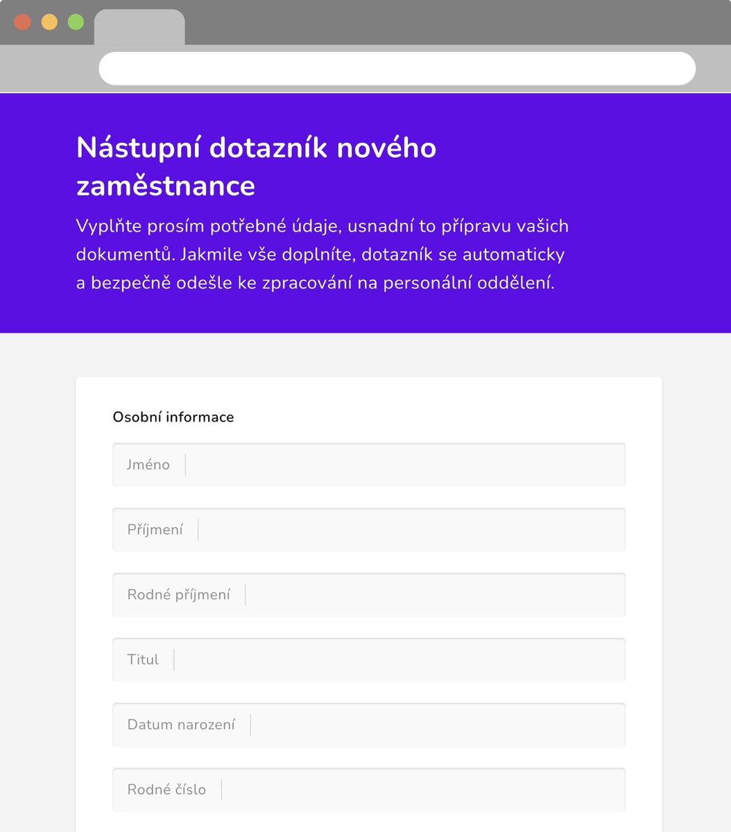 Šablona online nástupního dotazníku nového zaměstnance
