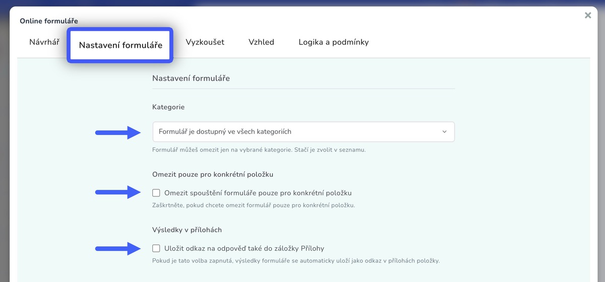 kde se bude formulář nebo dotazník zobrazovat
