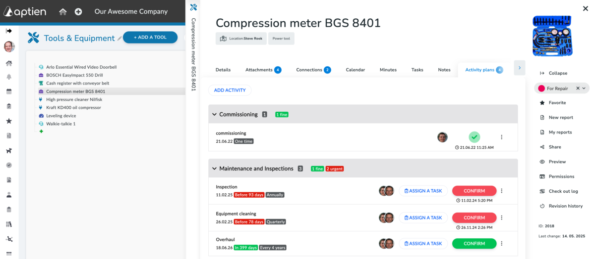 activity plans tab - example for tool maintenance