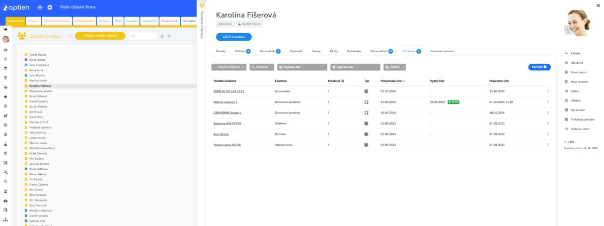 záložka s přehledem přiřazených pracovních pomůcek