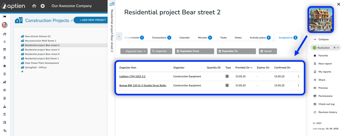 Tab assigned - example of construction equipment assigned to site