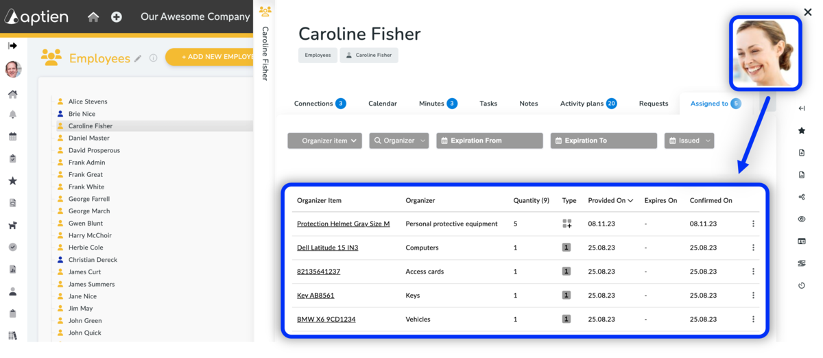 tab assigned shows assigned items to the employee