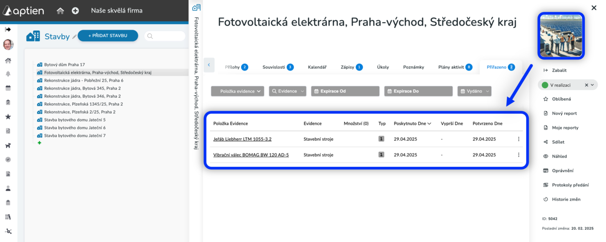 záložka přiřazeno - seznam přiřazeného majetku 